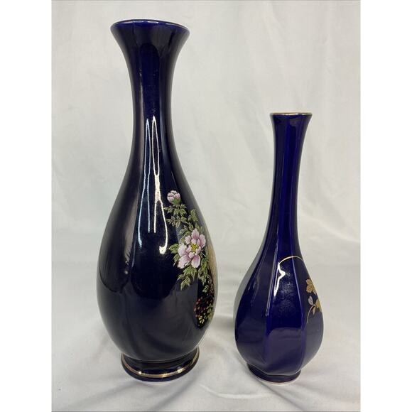 VTG ASIAN DARK BLUE COBALT VASES FLORAL PHEASANT BIRD MOTIFS - Picture 4 of 8